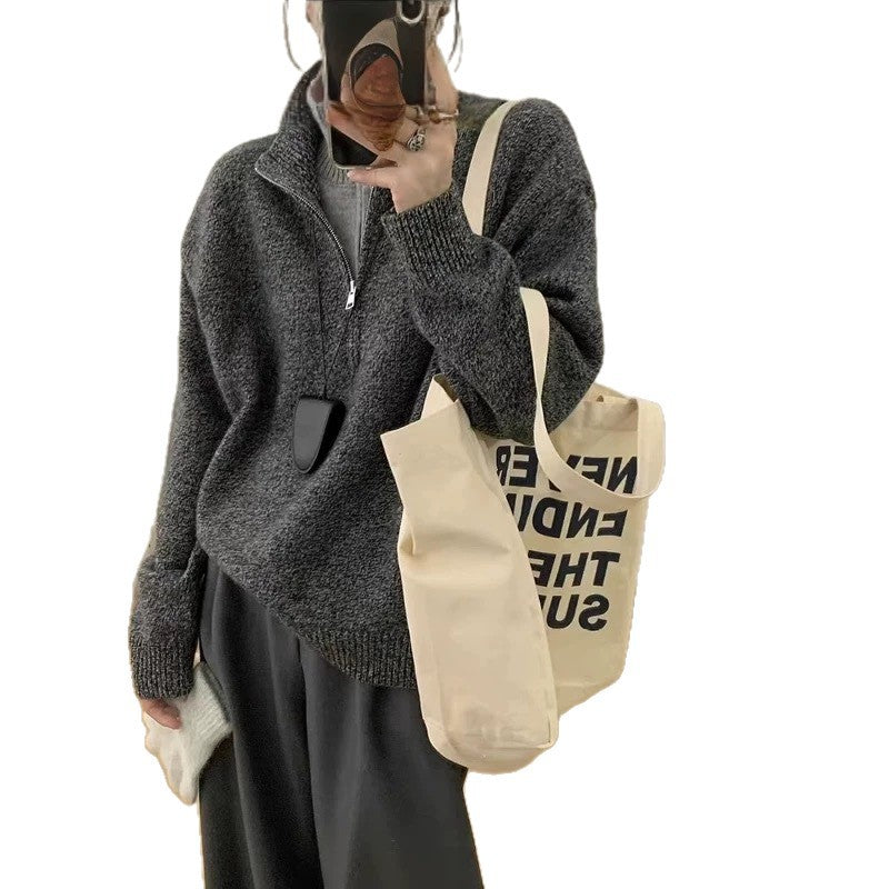 Women's Two-piece Half Zipped Stand Collar Design Sweaters