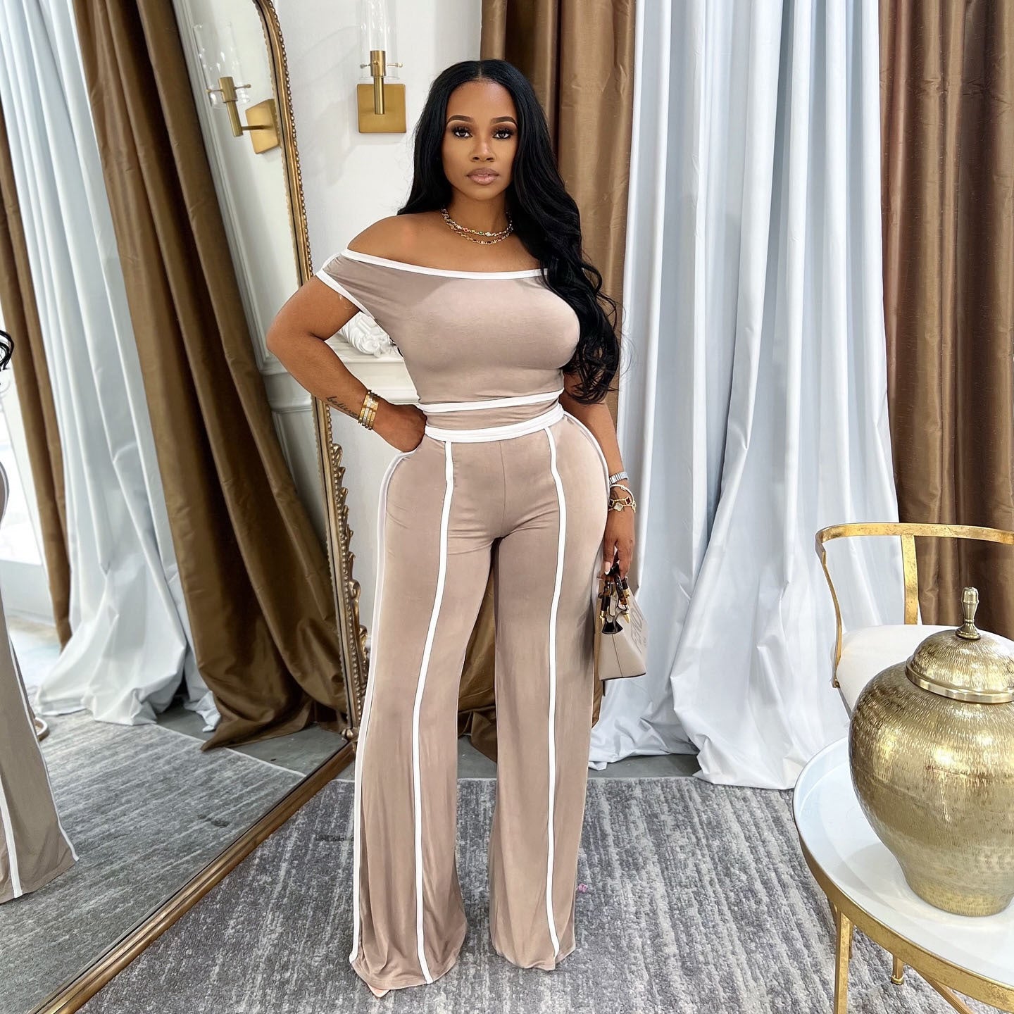 Color Slant Shoulder Wide Leg Two-piece Suits