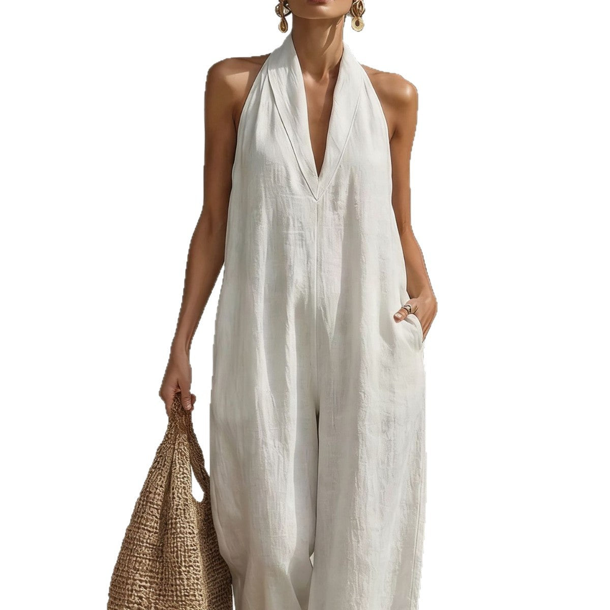 Cotton Linen Simplicity Elegant Sleeveless Casual Jumpsuits