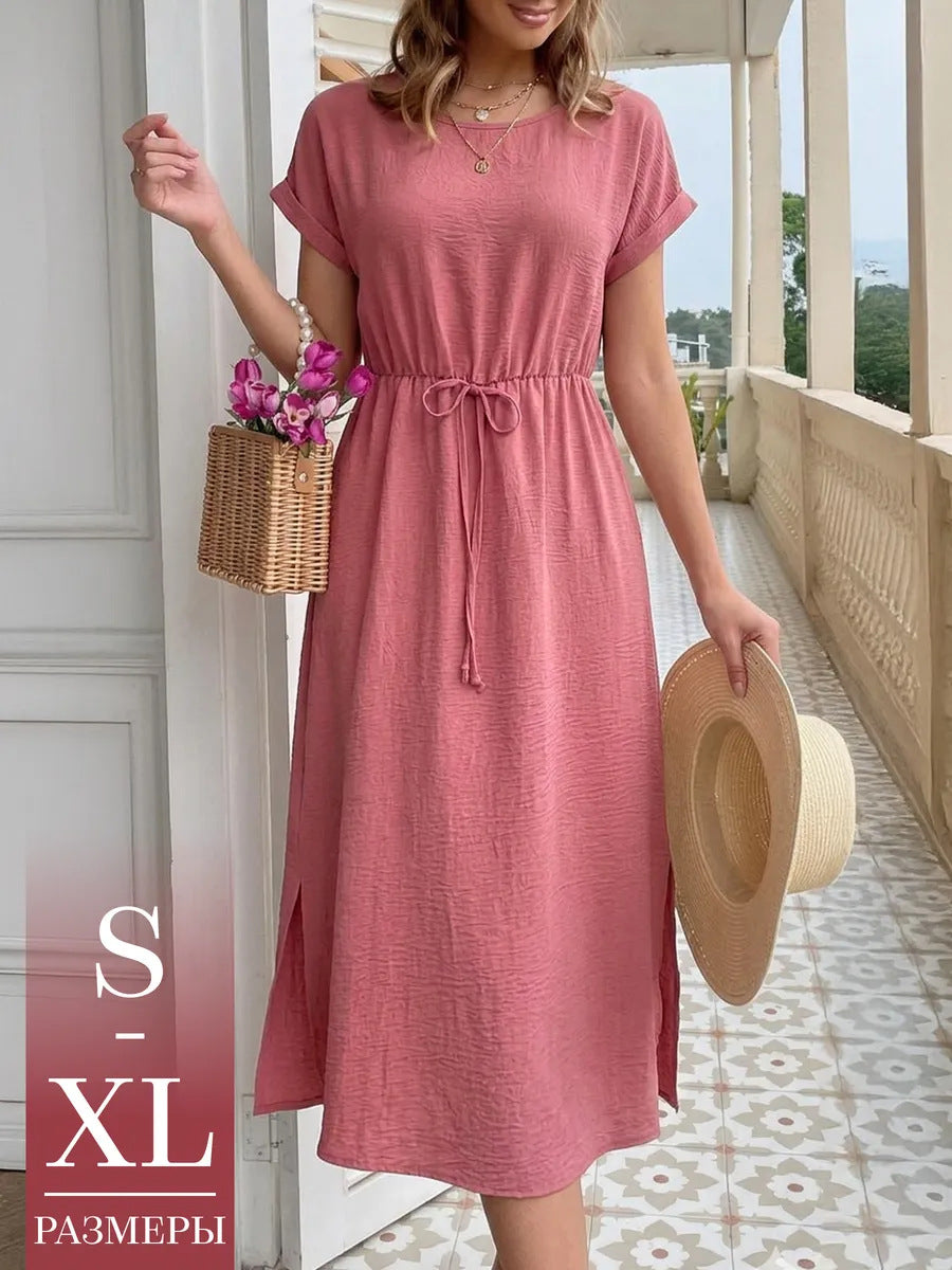 Women's Summer Casual Round Neck Loose Waist Trimming Short-sleeved Dress