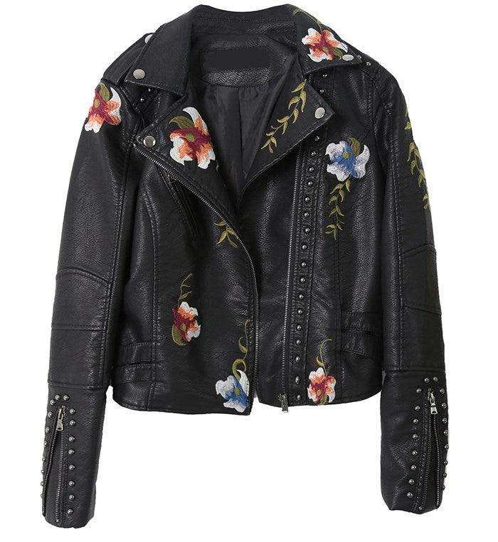 Women's Spring Embroidered Rivet Leather Embroidery Machine Coats