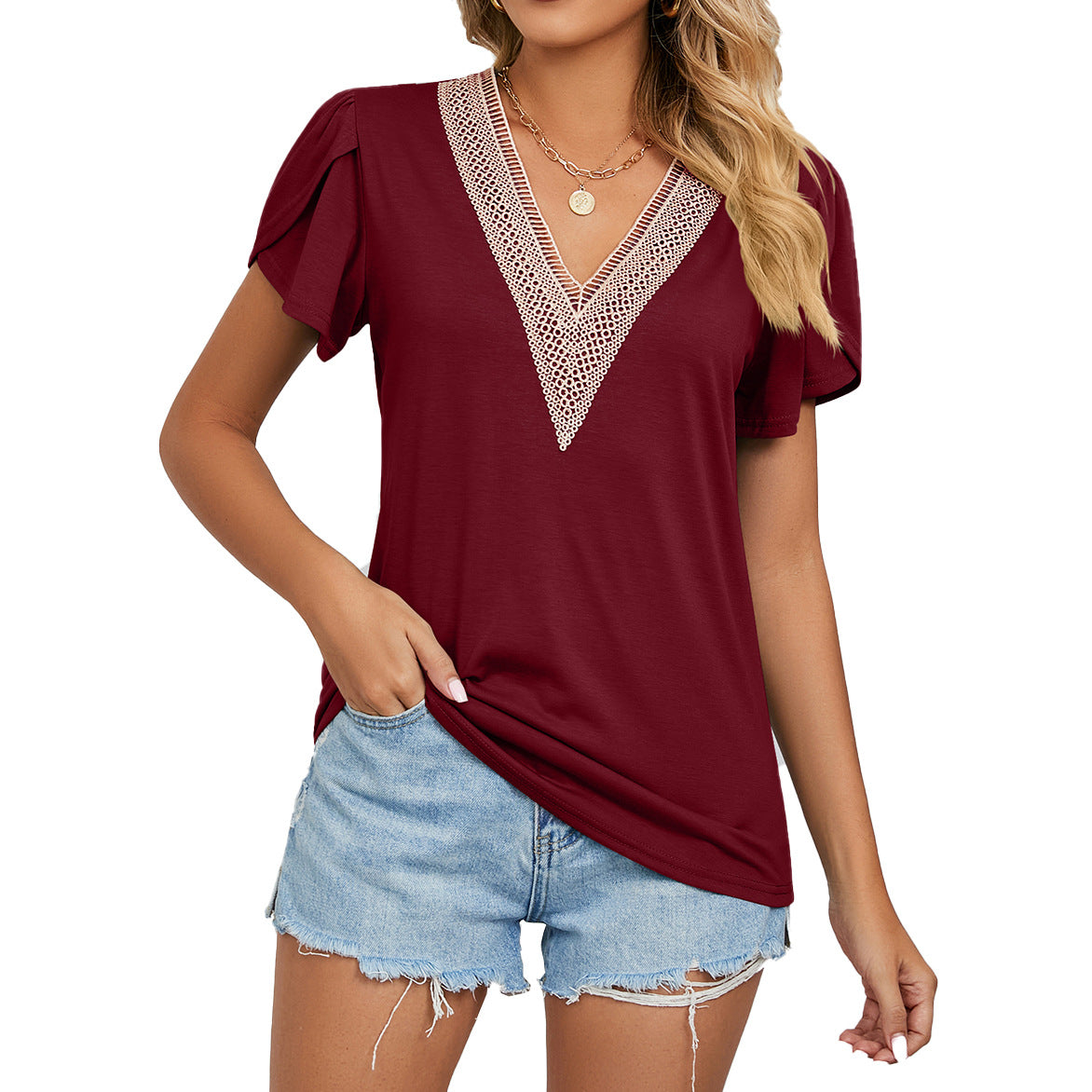 Gold Lace Tile Sleeve Solid Color Women's T-shirt