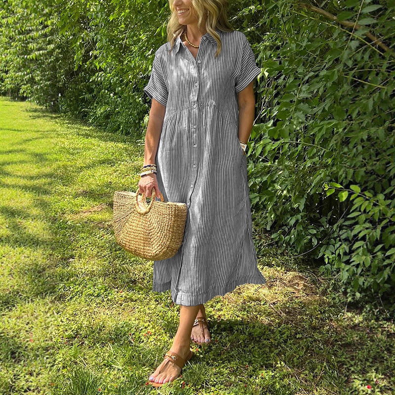 Women's Loose Striped Sleeve Shirt Summer Casual Cotton Shorts
