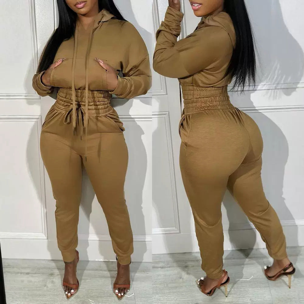 Full Solid Color Waist Hooded Jogging Blouses