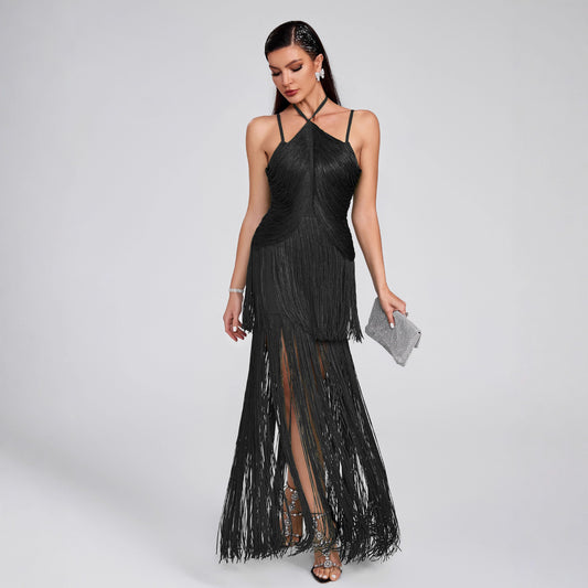Long Dress Fringed Hem Sexy Dinner Dresses