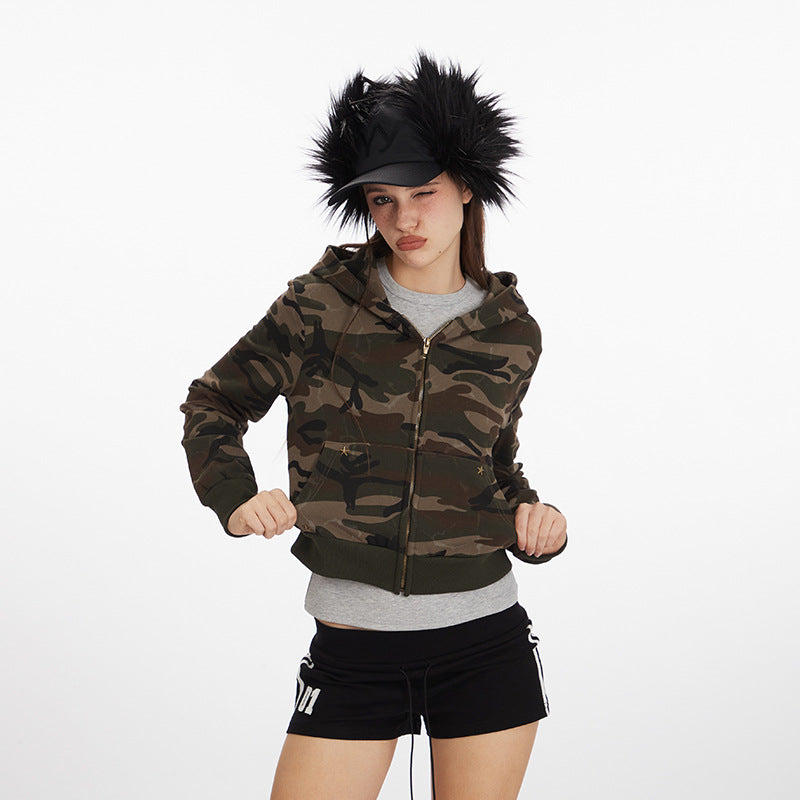 Women's American Camouflage Hot Hooded Zipper Retro Sweaters