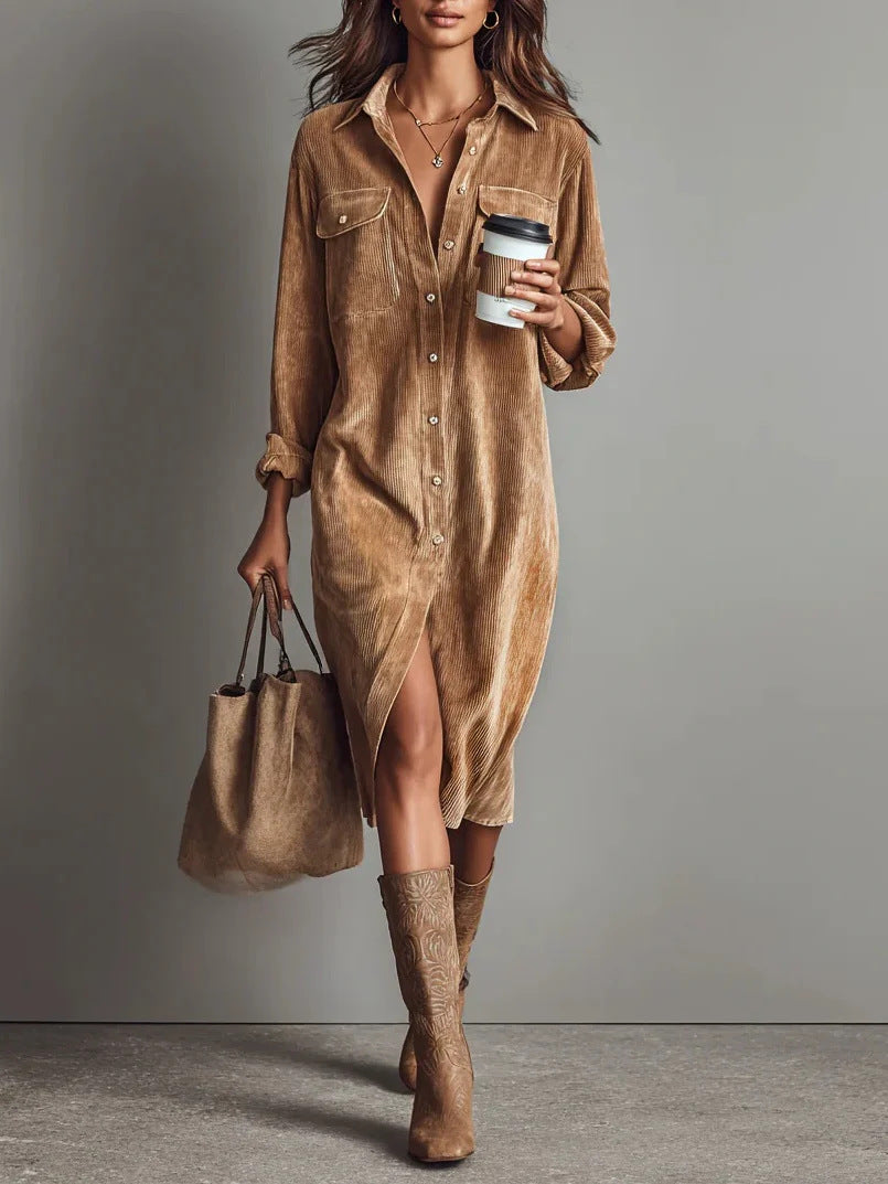 Color Corduroy Long Sleeve Lapel Shirt Dresses