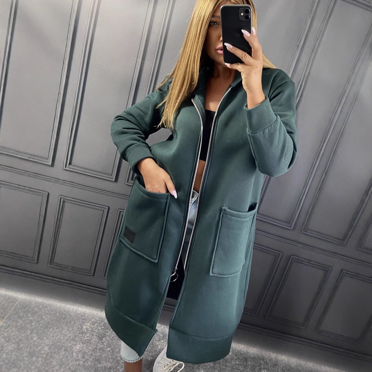 Knit Hooded Dress Brushed Hoody Casual Fashion Large Pocket Women's Sweater, Sweater