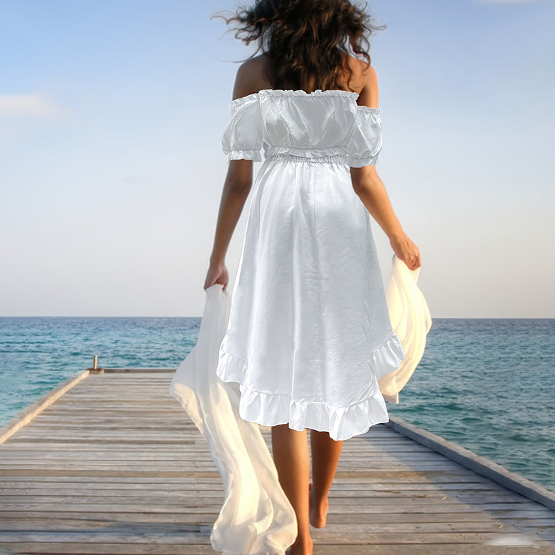 White Large Swing Solid Color Fashion Elegant High Waist Slim Dress