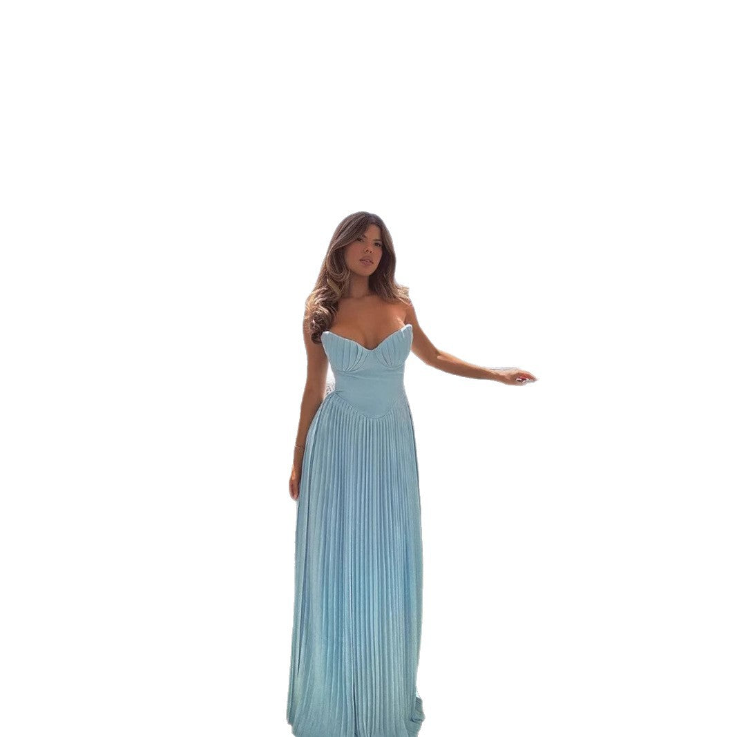 Women's Summer Elegant Pleated Dress Tube Long Dresses
