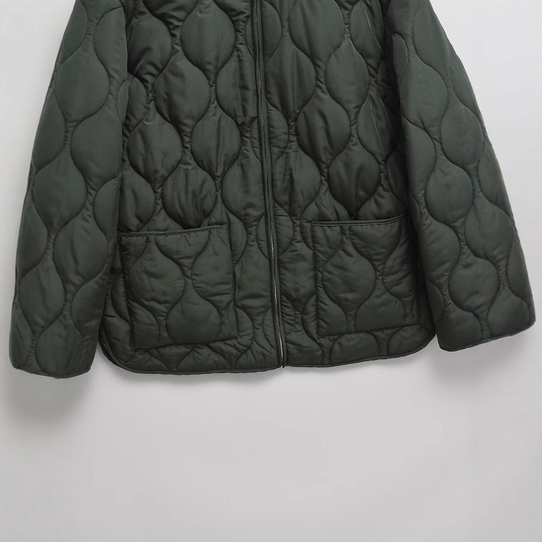 Women's Neck Zipper Diamond Lattice Quilted Large Pocket Jackets