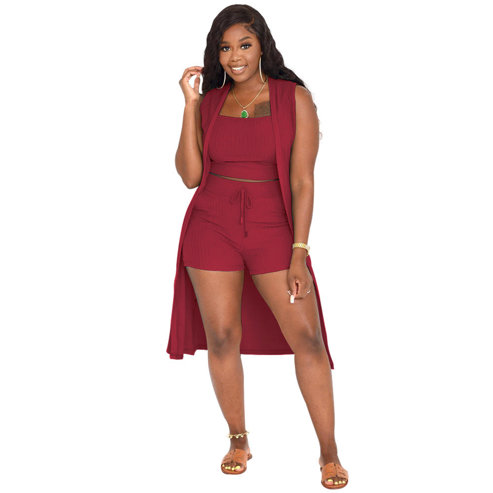 Women's Sunken Stripe Solid Color Three-piece Clothing