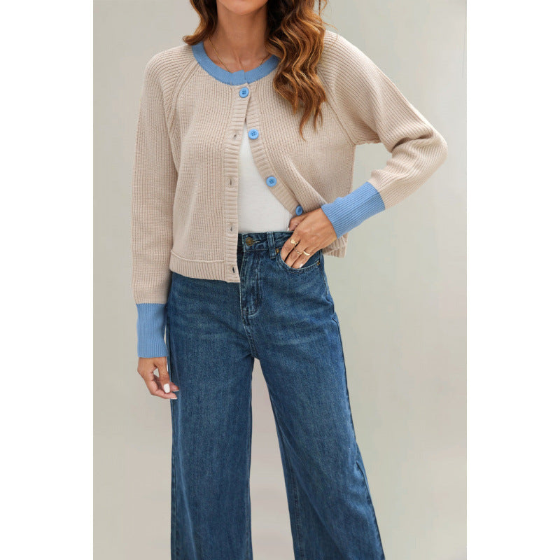 Women's Fashion Round Neck Single Row Button Contrast Color Sweaters