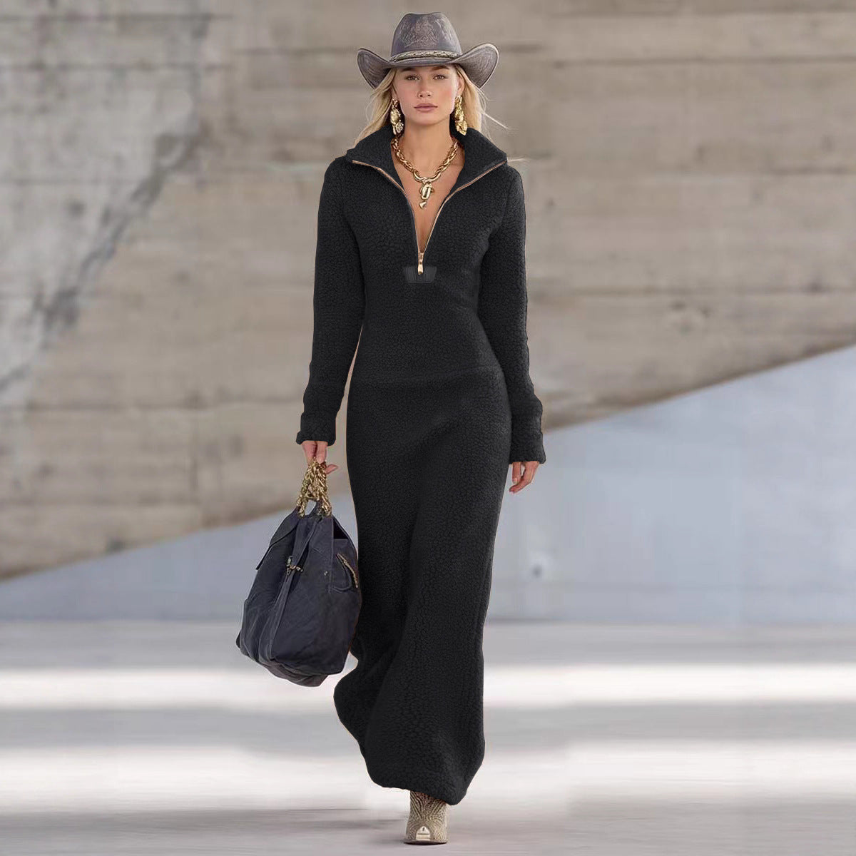 Women's Polar Fleece Zipper Collar Slim Long Dress Female Dresses