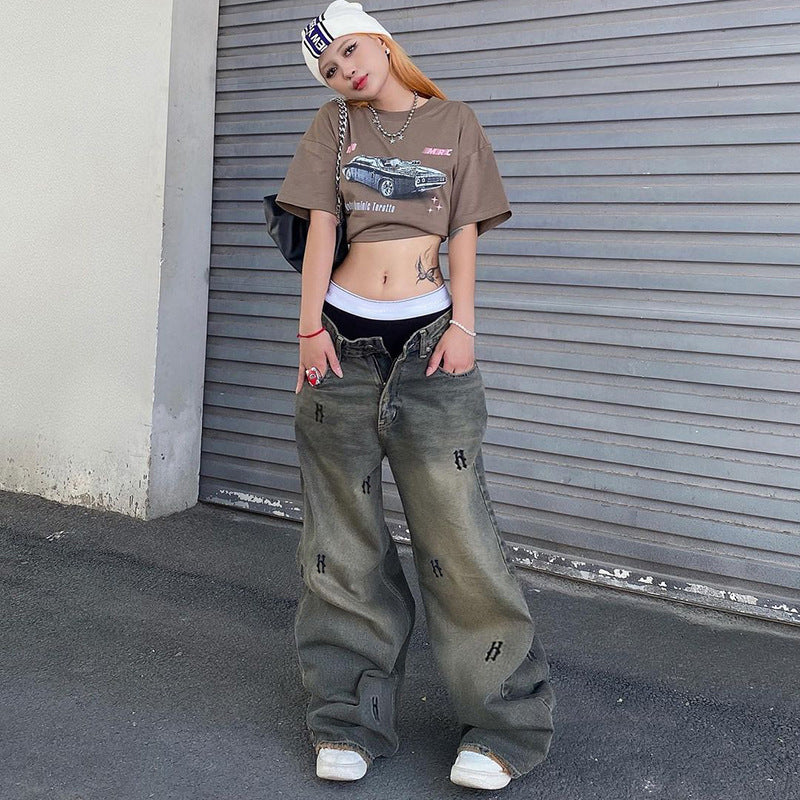 Women's Distressed Printed American Retro Easy Matching Long Low Waist Women's Jeans