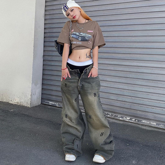 Women's Distressed Printed American Retro Easy Matching Long Low Waist Women's Jeans