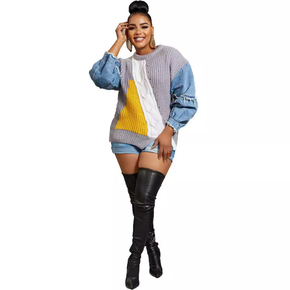 Trendy Comfortable Women's Denim Knitted Patchwork Small Suit