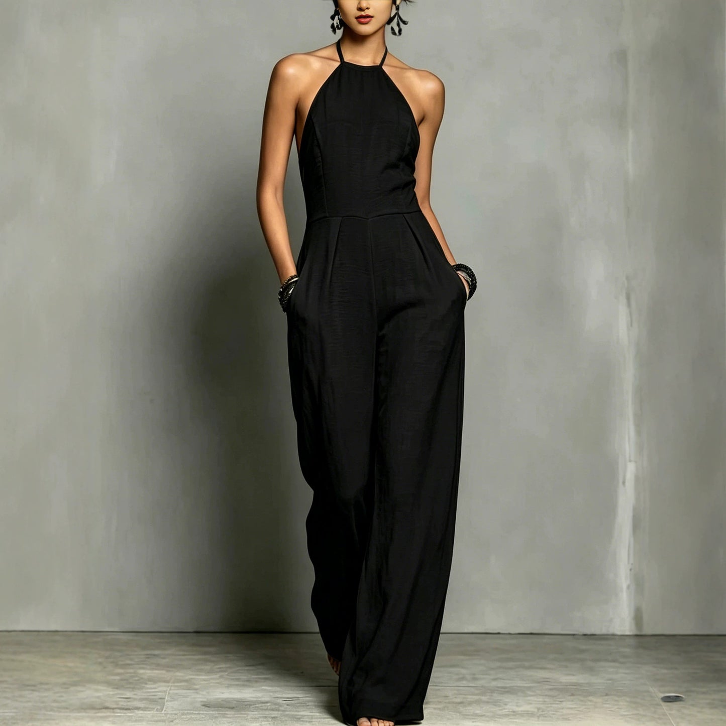 Women's Vacation Style Pleated Halter Backless Wide Women's Jumpsuit/clothing