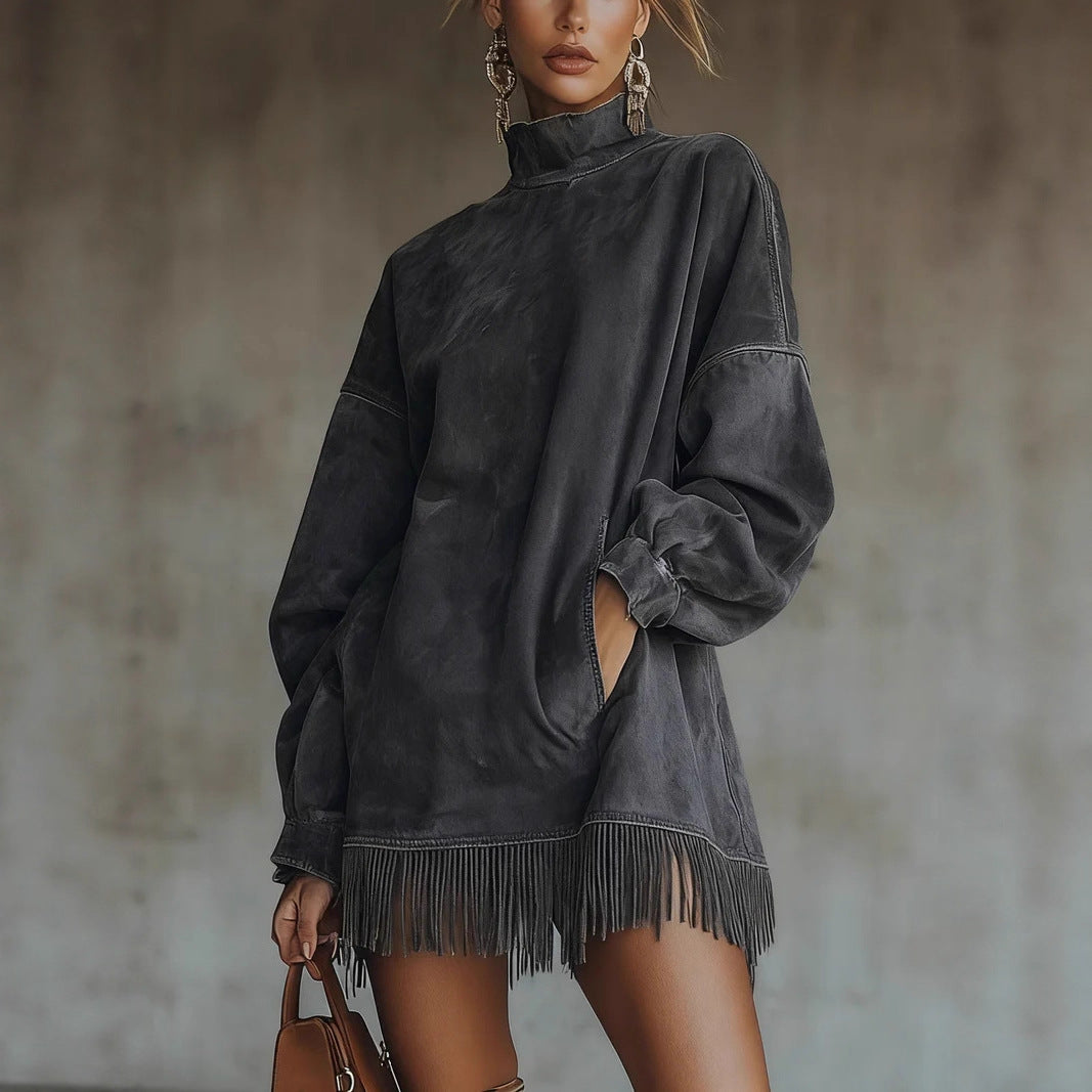 Suede Vintage Loose Pockets Tassel Long Dresses