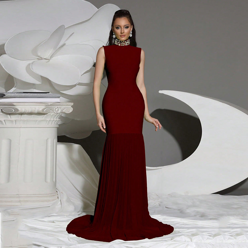 Women's Bandage Mesh Stitching Long Dress Diamond Turtleneck Dresses