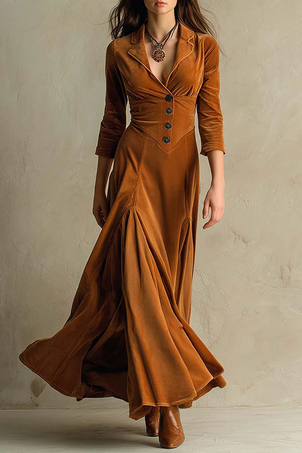 Women's Color Buttons Lapel Sleeve Maxi Dress Dresses