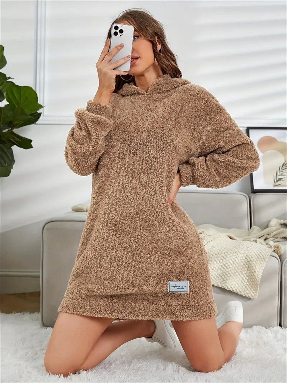 Women's Hooded Long-sleeved Plush Dress Loose Hoodie Women's Sweater, Sweater