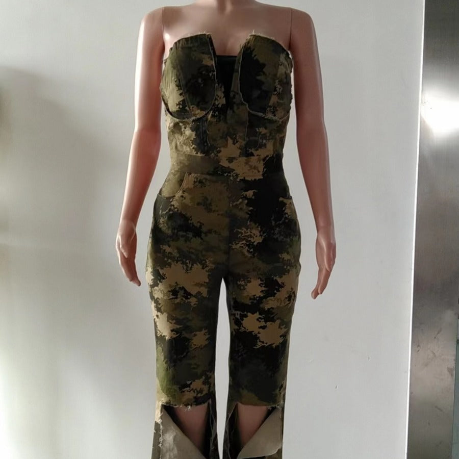 Women's Autumn Wear Tube Camouflage Fashion Western Jumpsuits