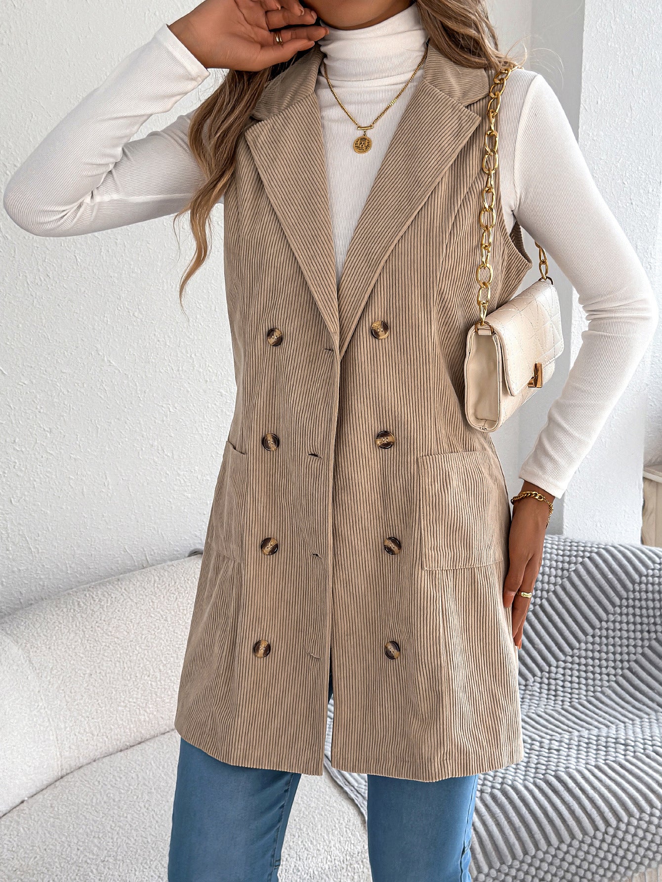 Women's Solid Color Double Breasted Pocket Corduroy Vests