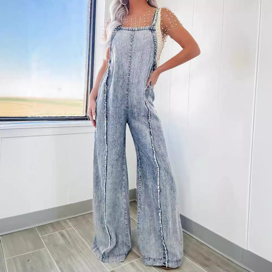 Women's Overalls Retro Washed Raw Hem Wide Jumpsuits