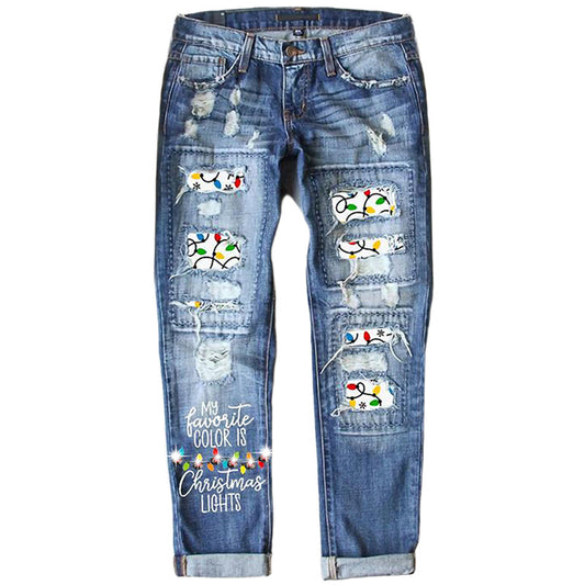 Women's Ripped Print Handmade Rhinestone Denim Trousers Jeans