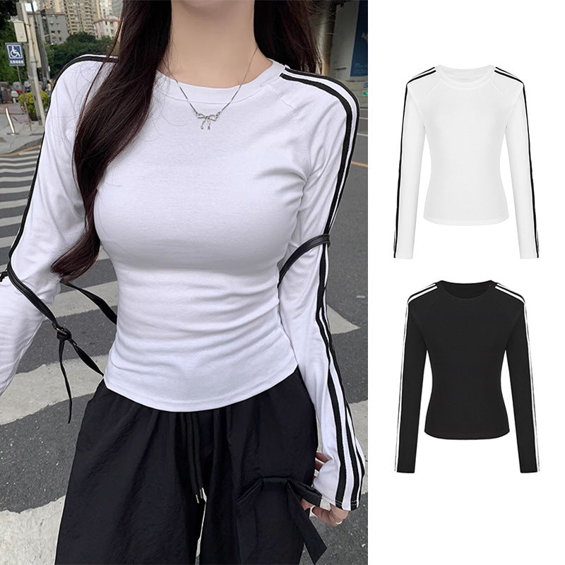 Women's Hot White Striped Long-sleeved Early Raglan Inner Women's T-shirt