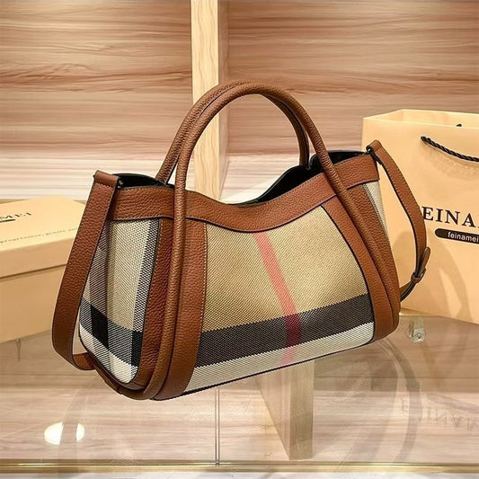 Stylish Genuine Leather Plaid Canvas Vegetable Handbags