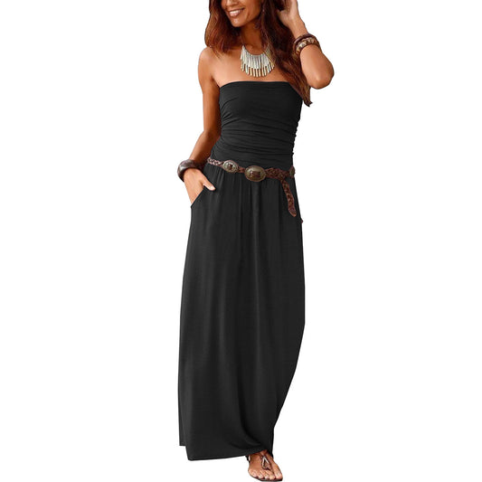 Women's Collar Sleeveless Cold-shoulder Long Double Pocket Dress