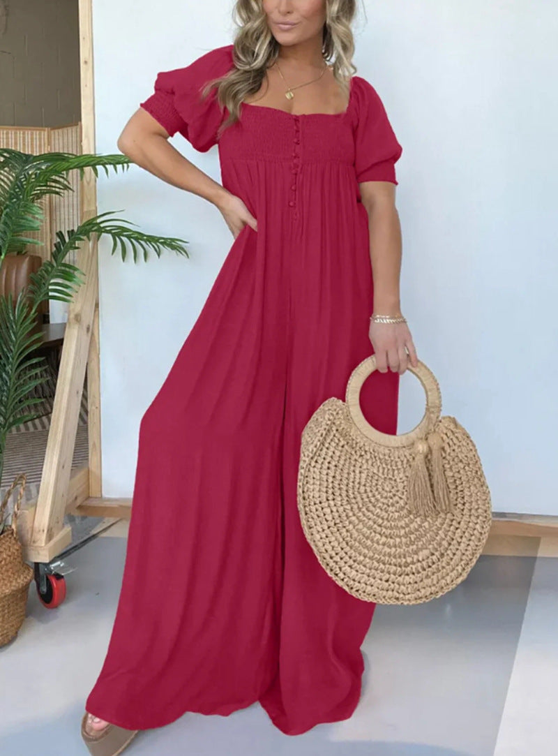Pure Color Puff Sleeve Pleated Siamese Skirts