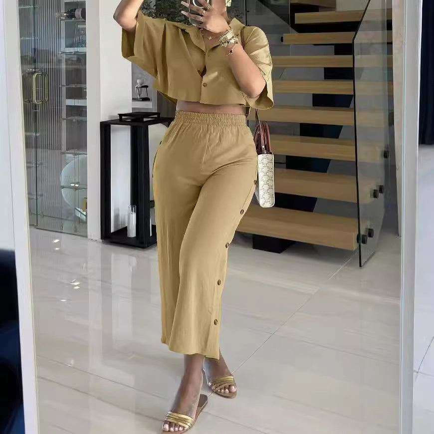 Classic Women's Cropped Lapel Shirt Two-piece Fashion Casual Suit