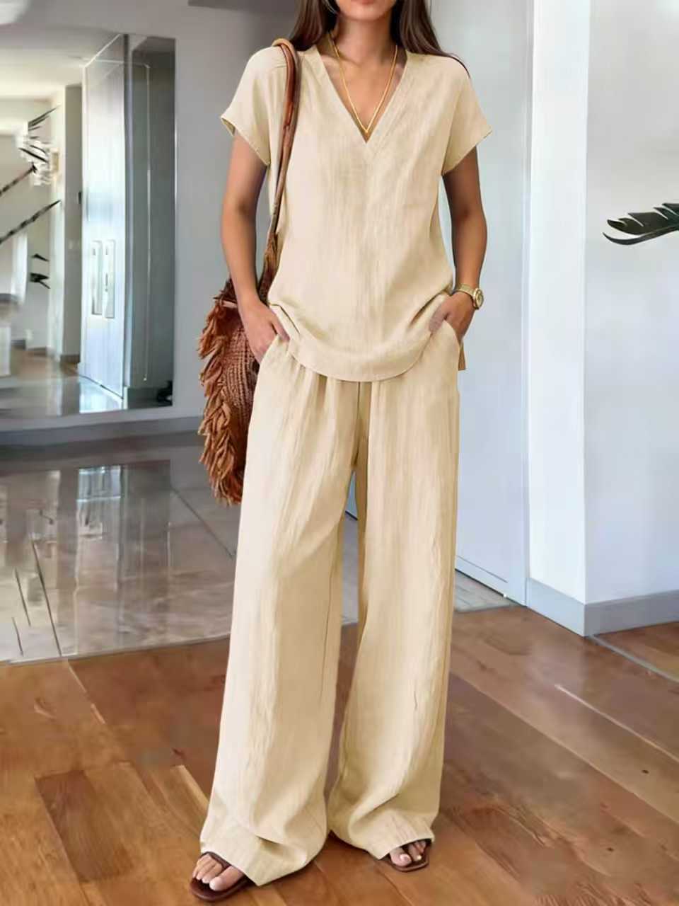 Women's Breathable Loose Slimming Solid Color Short-sleeved Trousers Pants