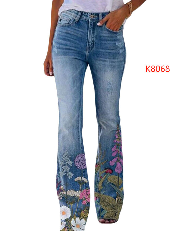 Women's Large Casual Imitation Denim Bell-bottom Floral Women's Jeans