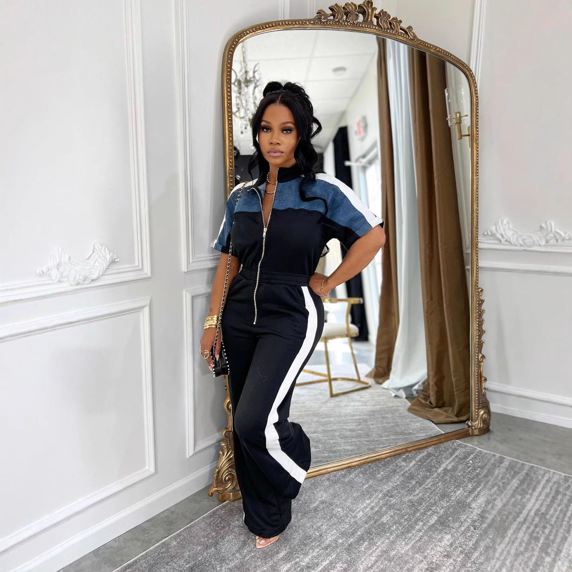 Women's Suede Fabric Denim Color Stitching Sleeve Jumpsuits
