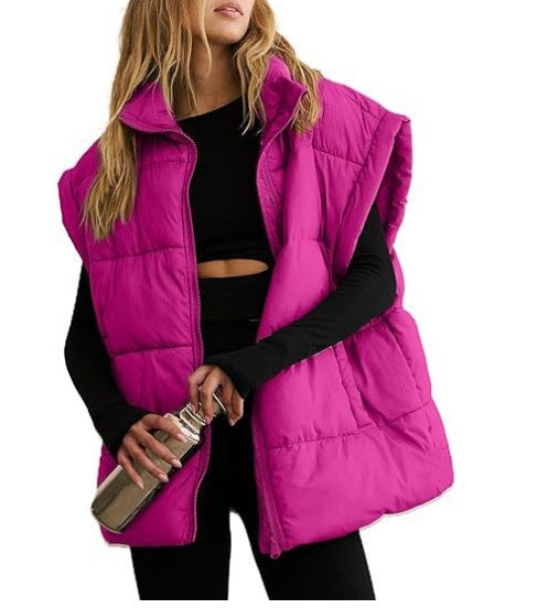 Women's Fashion Solid Color Zipper Pocket Stand-up Vests