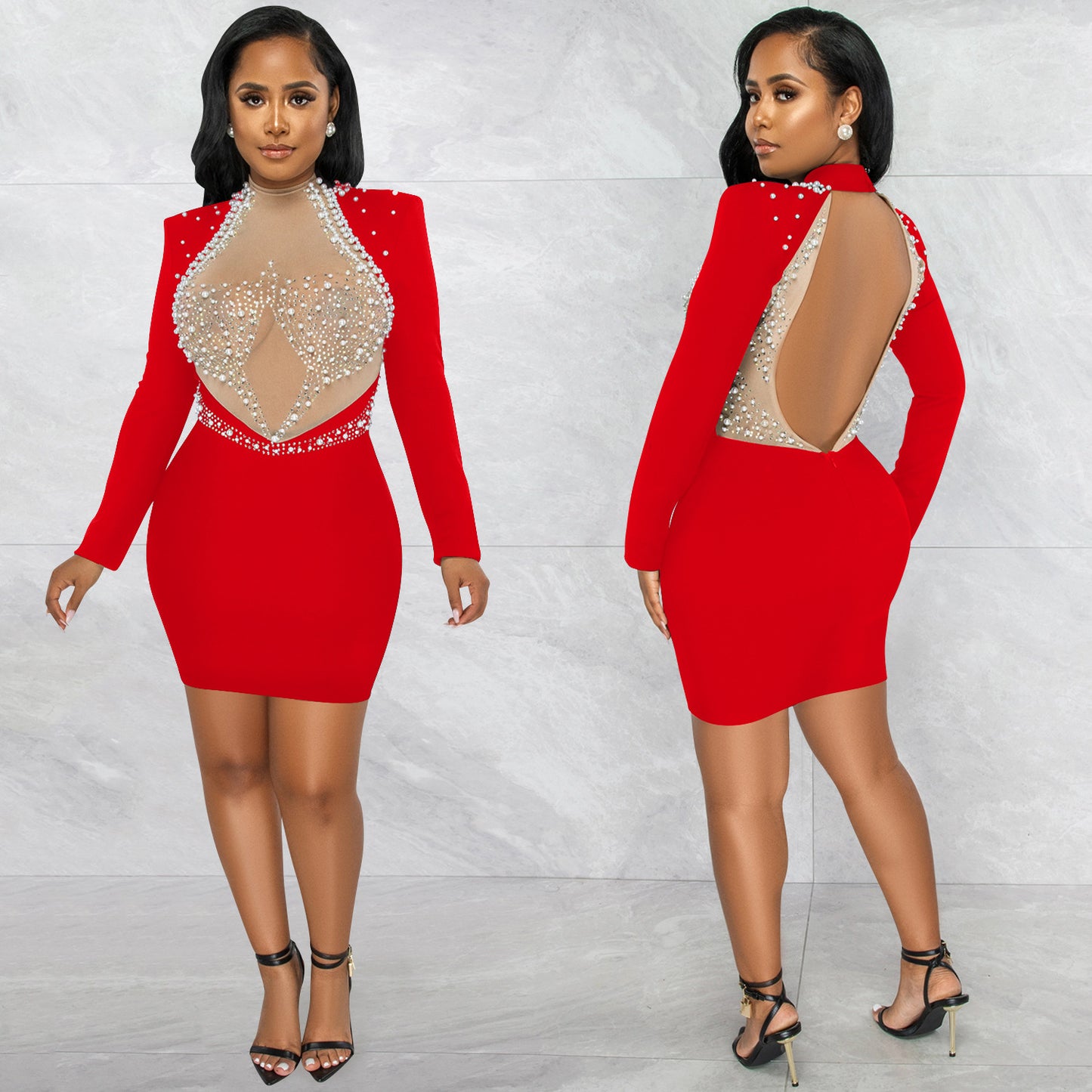 Women's Fashion Sexy Nightclub Hot Rhinestone Mesh Dresses
