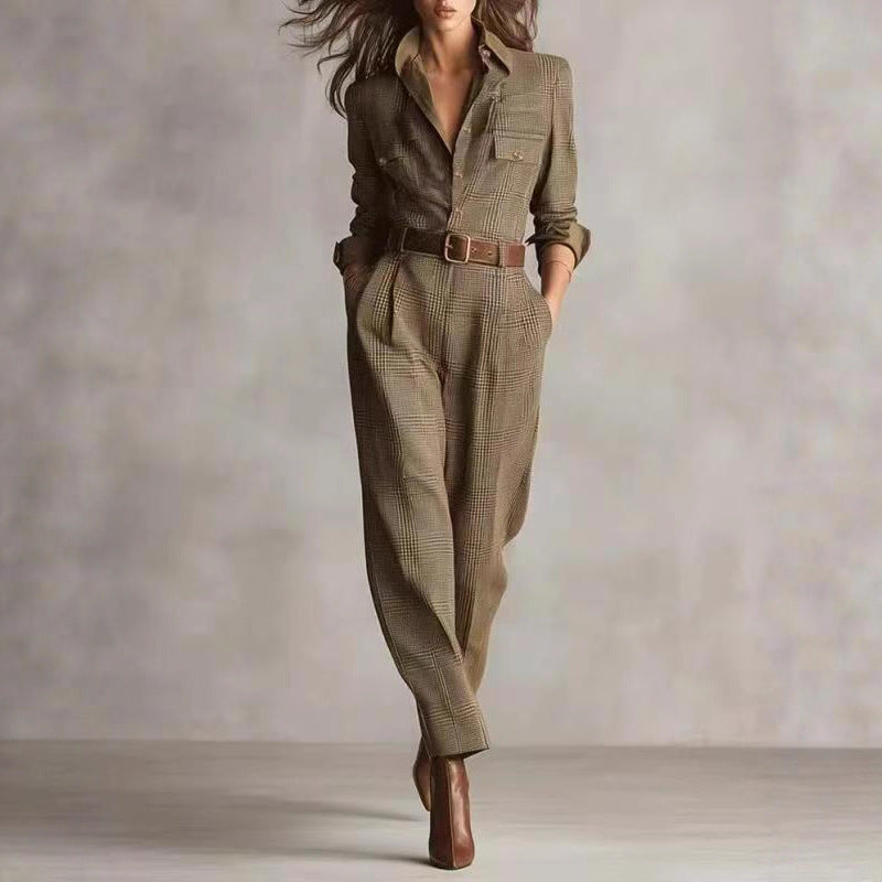 Women's Autumn Ladies Classic Retro Plaid Cargo Jumpsuits
