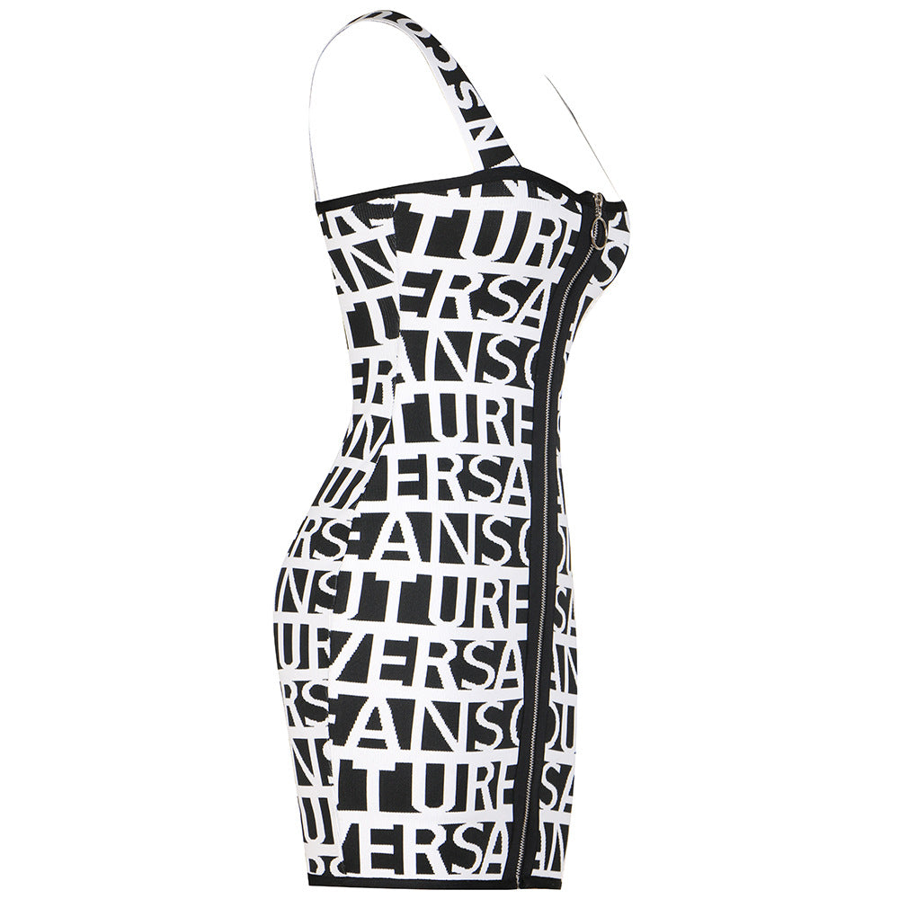 Letter Jacquard Front Metal Zipper Sling Dresses