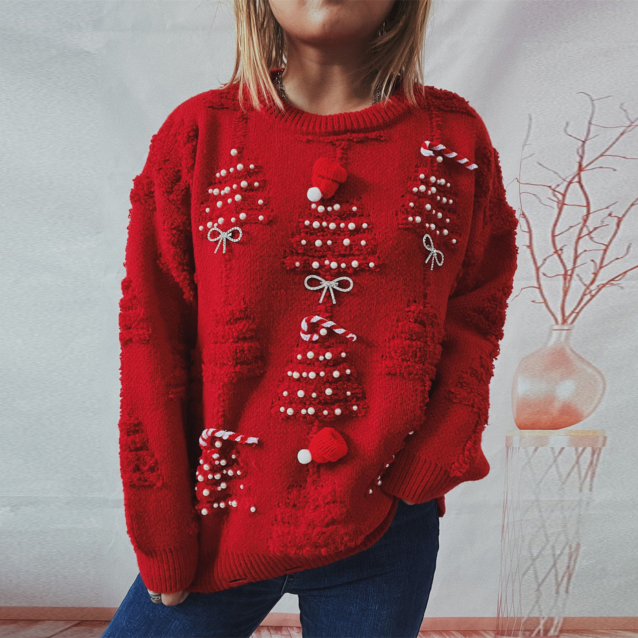 Handmade Pearl Christmas Theme Three-dimensional Decoration Sweaters