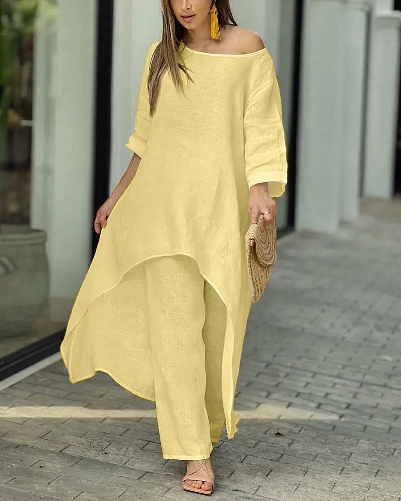 Women's Cotton Linen Irregular Long Sleeve Wide Leg Suits