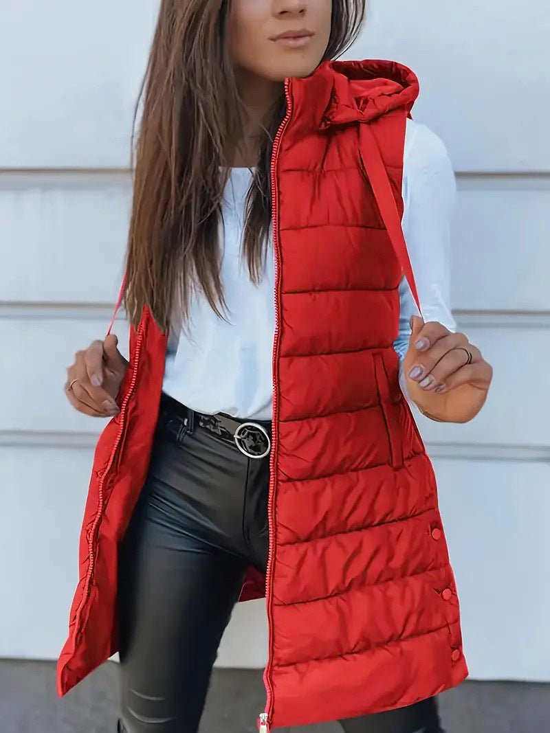 Women's Solid Color Hooded Zipper Cotton Mid-length Vests