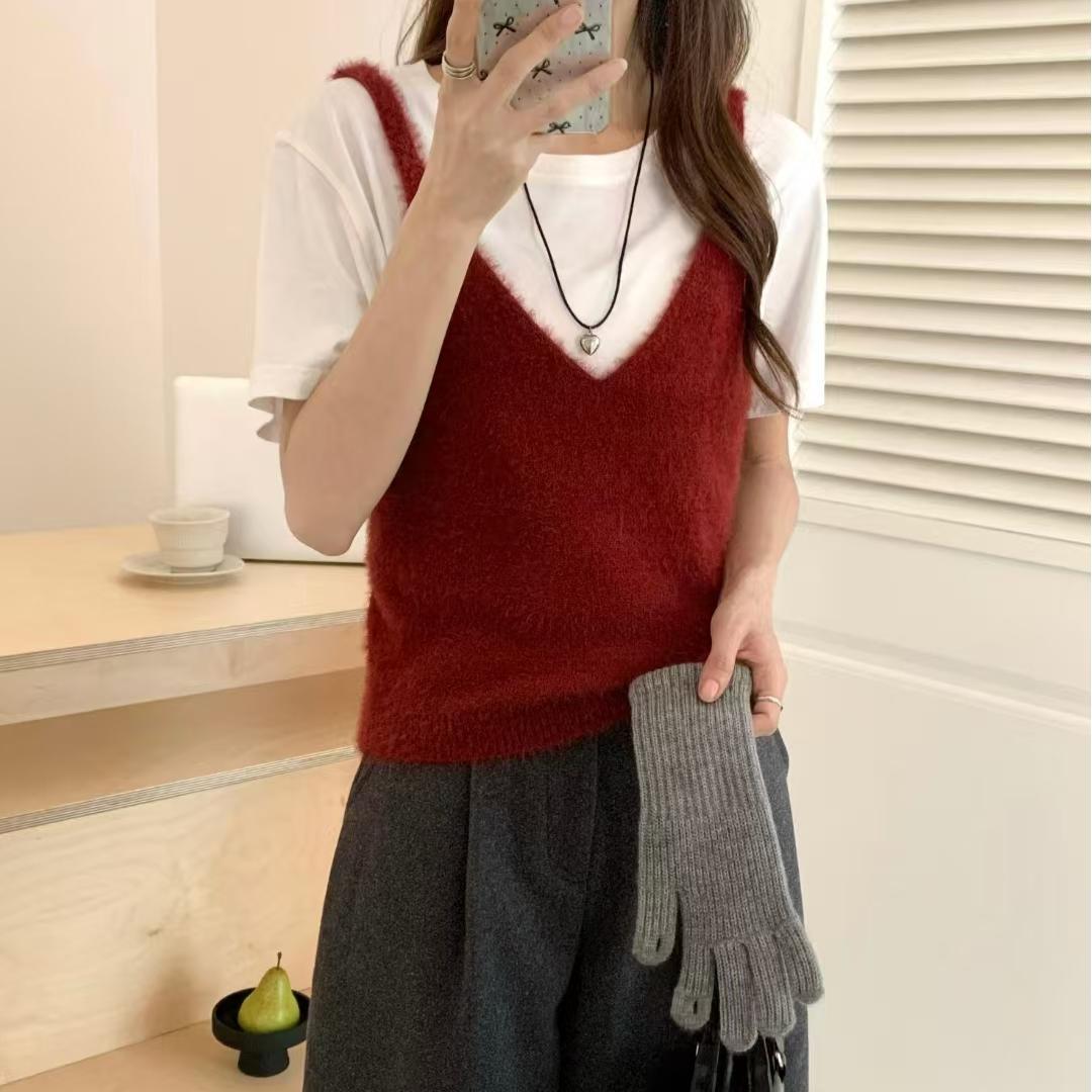 Korean Style Fashion Imitation Mink Simple Bandage Dress Knitted Women's Vest
