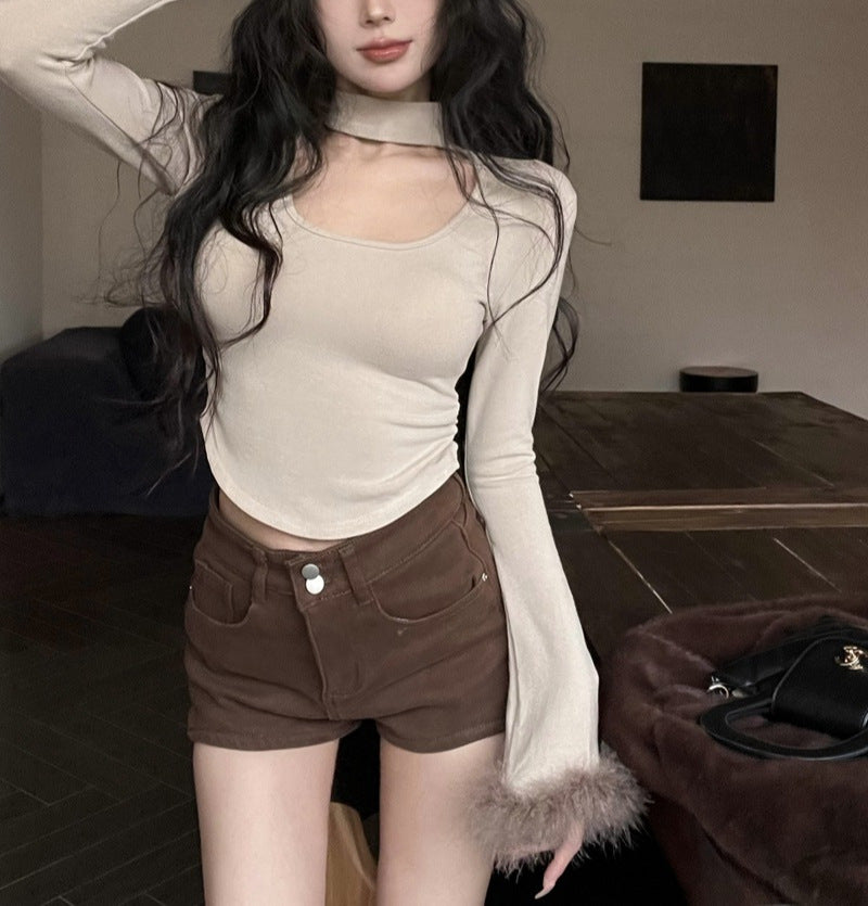 Winter Pure Sexy Hot Style Plush Stitching Collar T-shirt Blouses