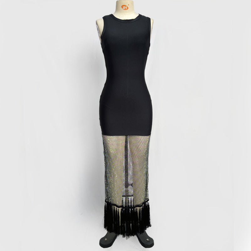 Women's French Style Vacation Fringe Hem Net Drill Sleeveless Bandage Dresses