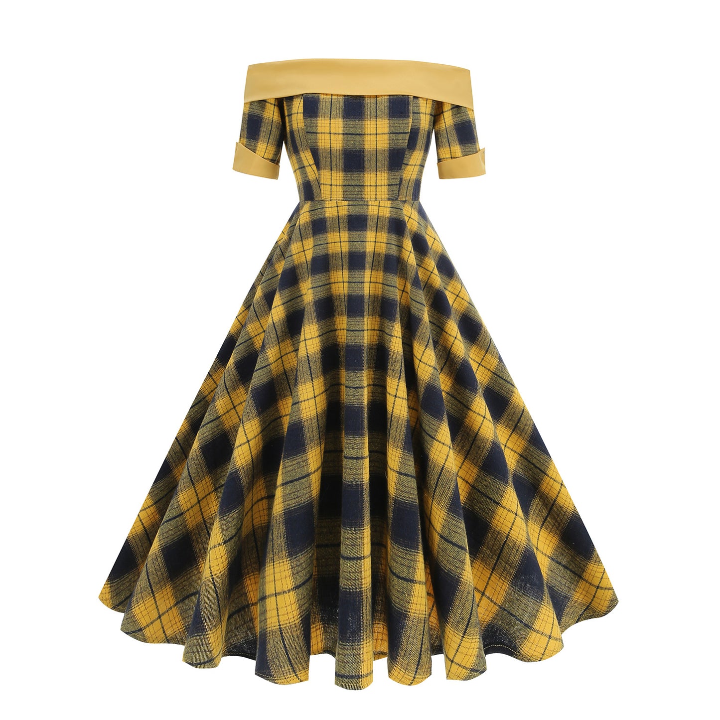 Hepburn Style Christmas British Plaid Contrast Color Sexy Dress