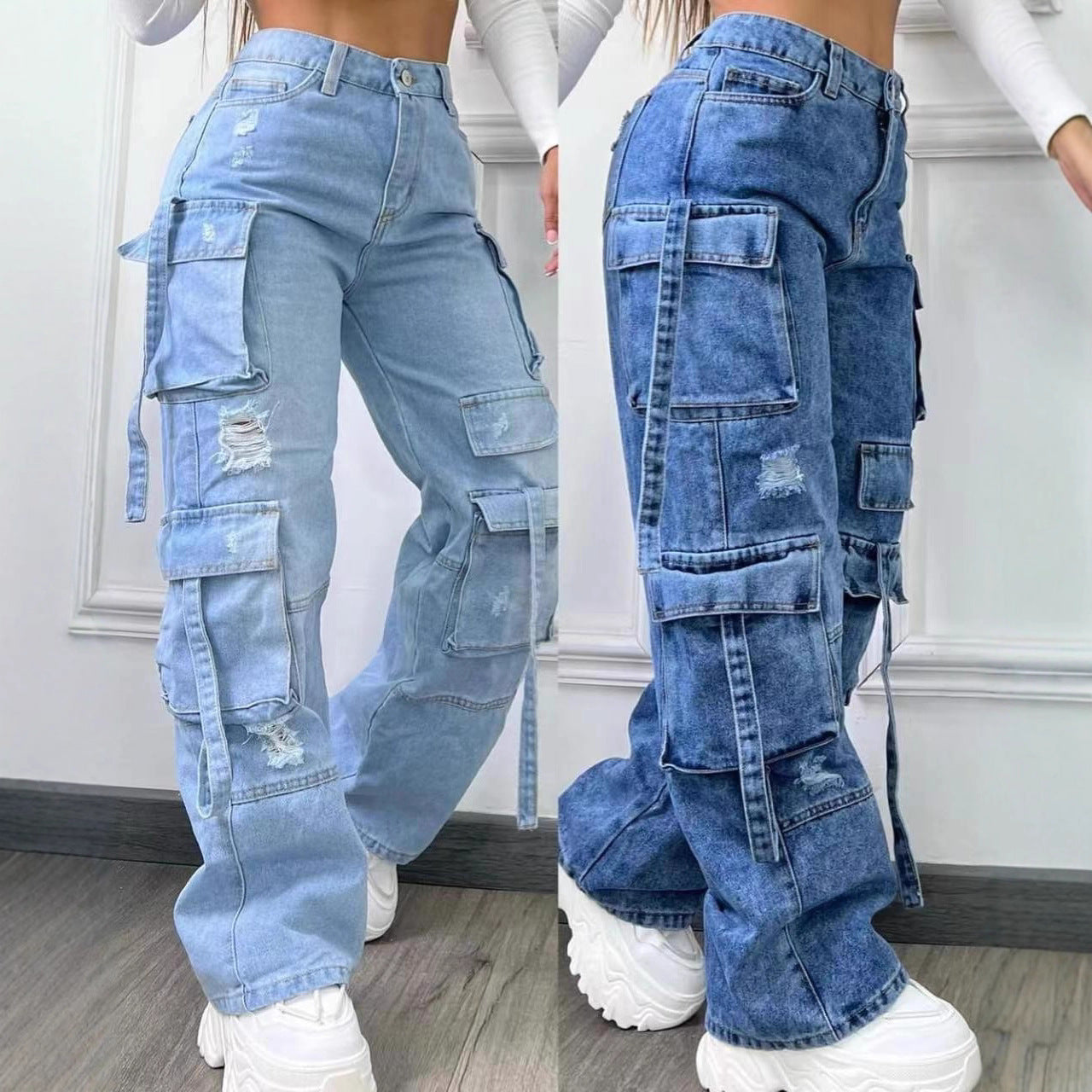 Women's Long Hot Trousers Straight Denim Overalls Style Pants